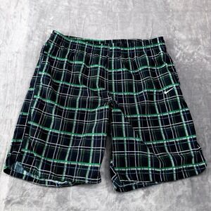Nike Mens XXL Plaid Swim Trunks Green Blue Black Board Shorts Mesh Pockets